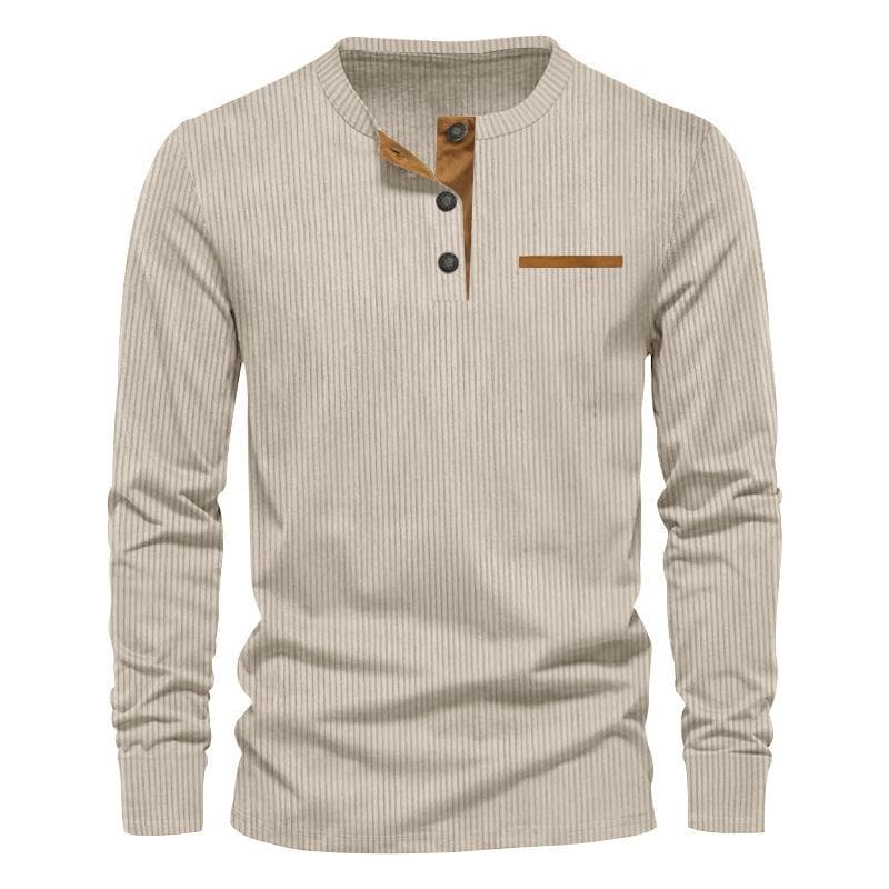 Spring new casual men's corduroy Henley shirt men's long-sleeved Slim T-shirt S apricot