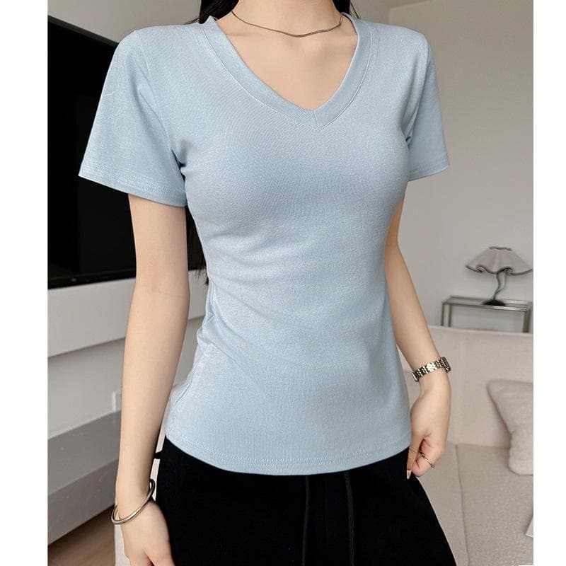 Navy V-neck Short-sleeved T-shirt for Women In Summer New Basic Style Front Shoulder Base Shirt Waist Slimming and Pure Sensual Top XL