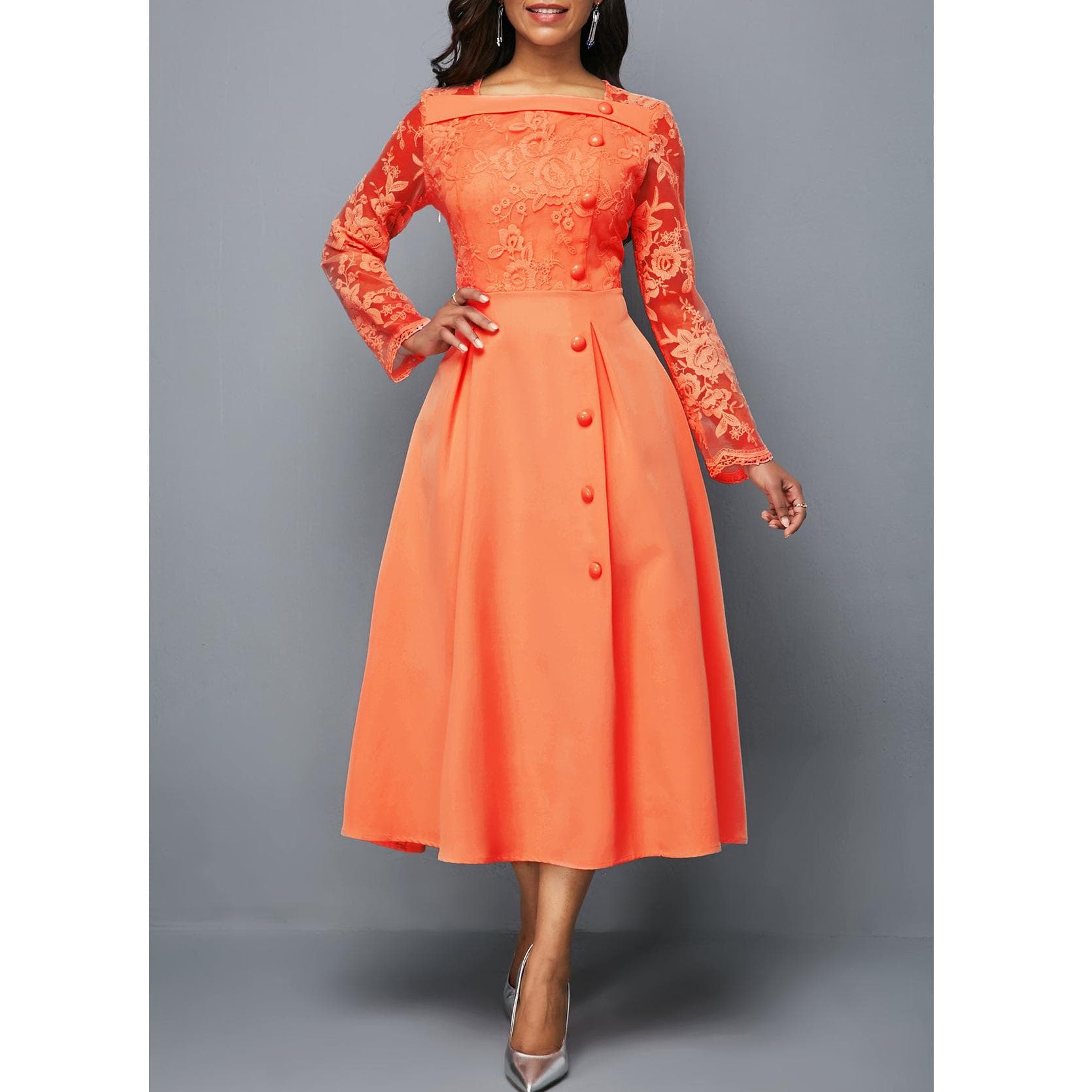 Women Elegant Lace Stitching One Shoulder Single Breasted A-line Party Long Dress 4XL orange