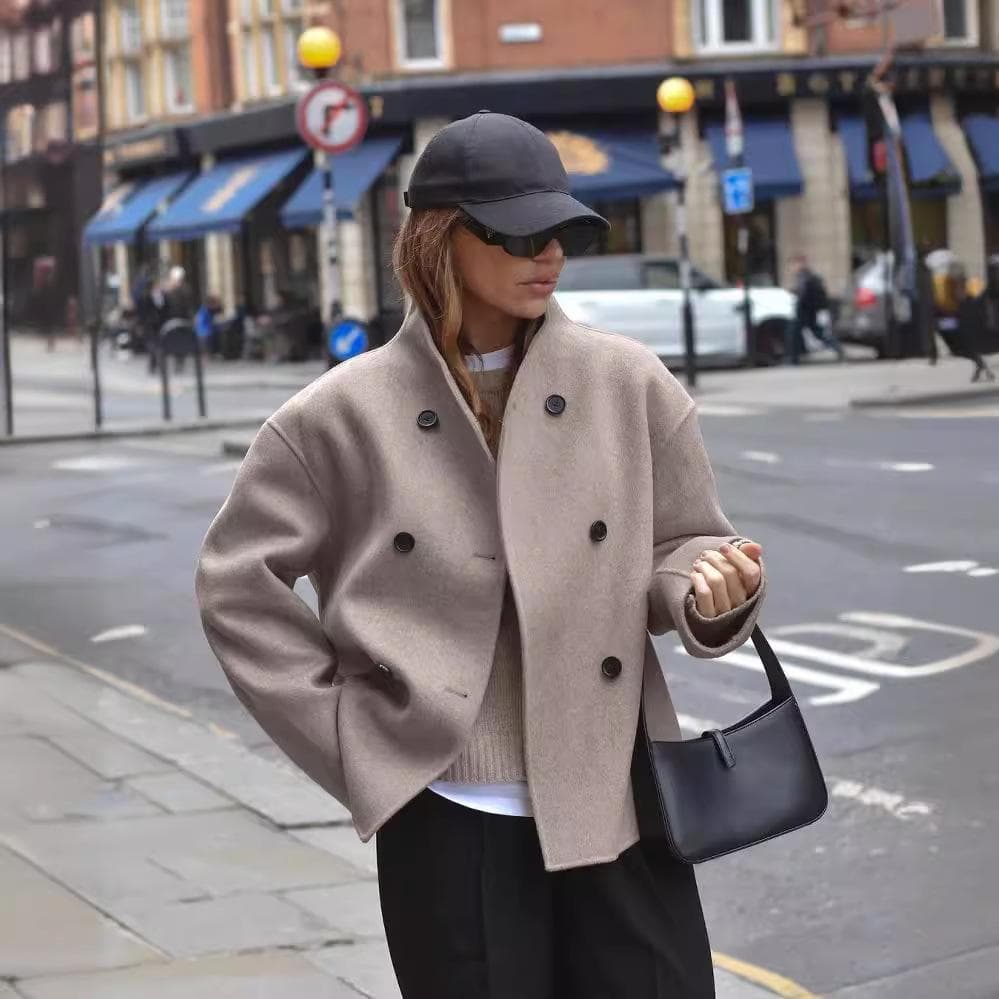 Double-breasted Solid Color Woolen Coat, Casual British Style Versatile Top L
