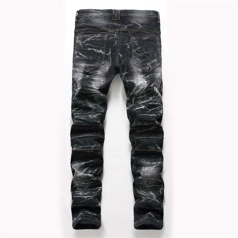 Men Trousers Plus Size Pleated Multi-pocket Motorcycle Patchwork Jean Casual Men Elastic Denim Pants 40 black