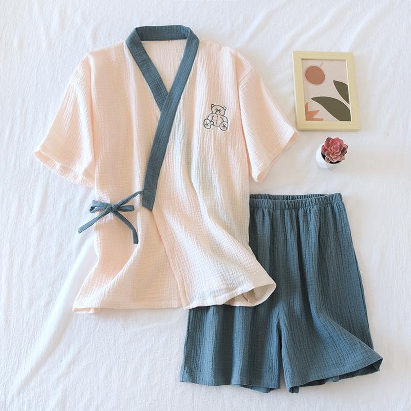 New spring and summer suit ladies 100% cotton crepe short-sleeved shorts pajamas two-piece set thin straps women M