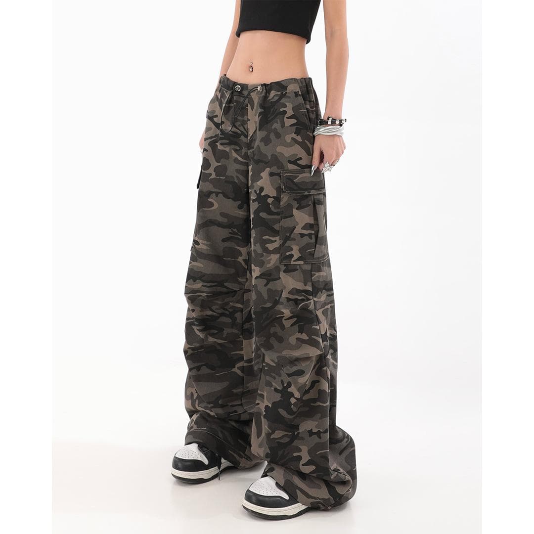 Retro Camouflage Work Pants for Women In Autumn High Street Hip-hop Loose Straight Mopping Draped Casual Trousers 3XL
