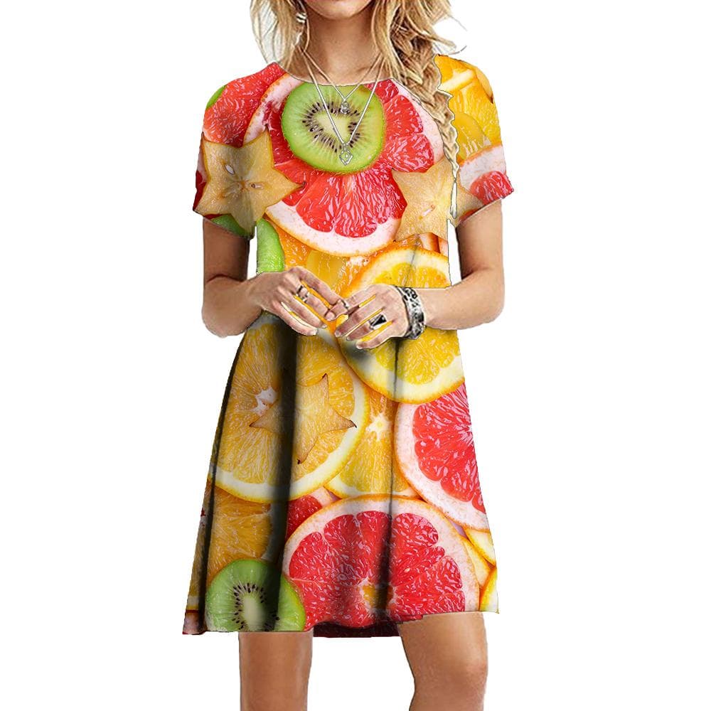 Fruit And Vegetables 3D Printed Dresses For Summer Fashion Women Clothing Oversized Short Sleeve Loose Casual Mini Dress 5XL