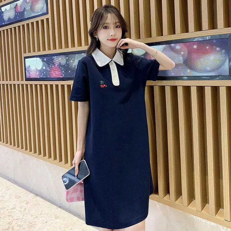 Short Sleeve POLO Neck Dress Women's Summer New Small Large Size Loose T-Shirt Skirt Medium and Long M