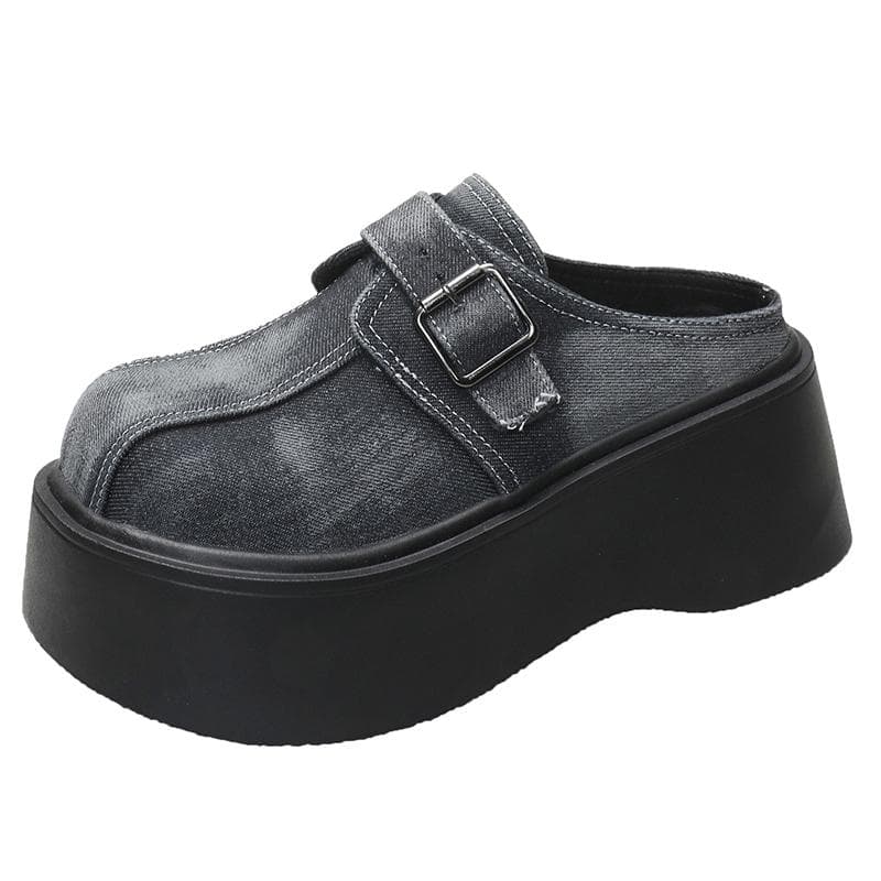 Fashion 7.5cm Denim Platform Wedge Ladies Slippers Lace Up Chunky Sneaker Casual Comfy High Brand Breathable Spring Summer Bao Toe Shoes 36 black