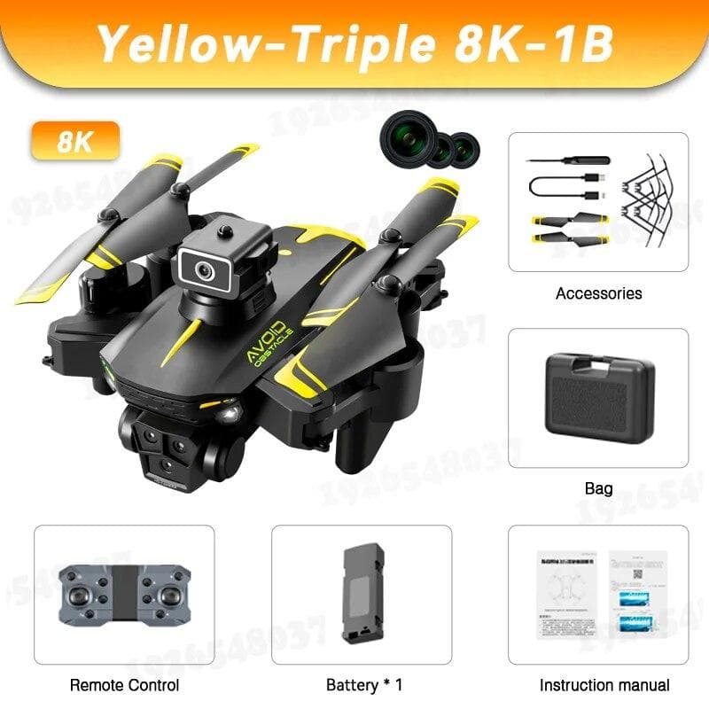 New KY605S RC Drone GPS 8K Professinal With Three Camera Wide Angle Optical Flow Localization Four-way Obstacle Avoidance Quadcopter 8K-1B yellow