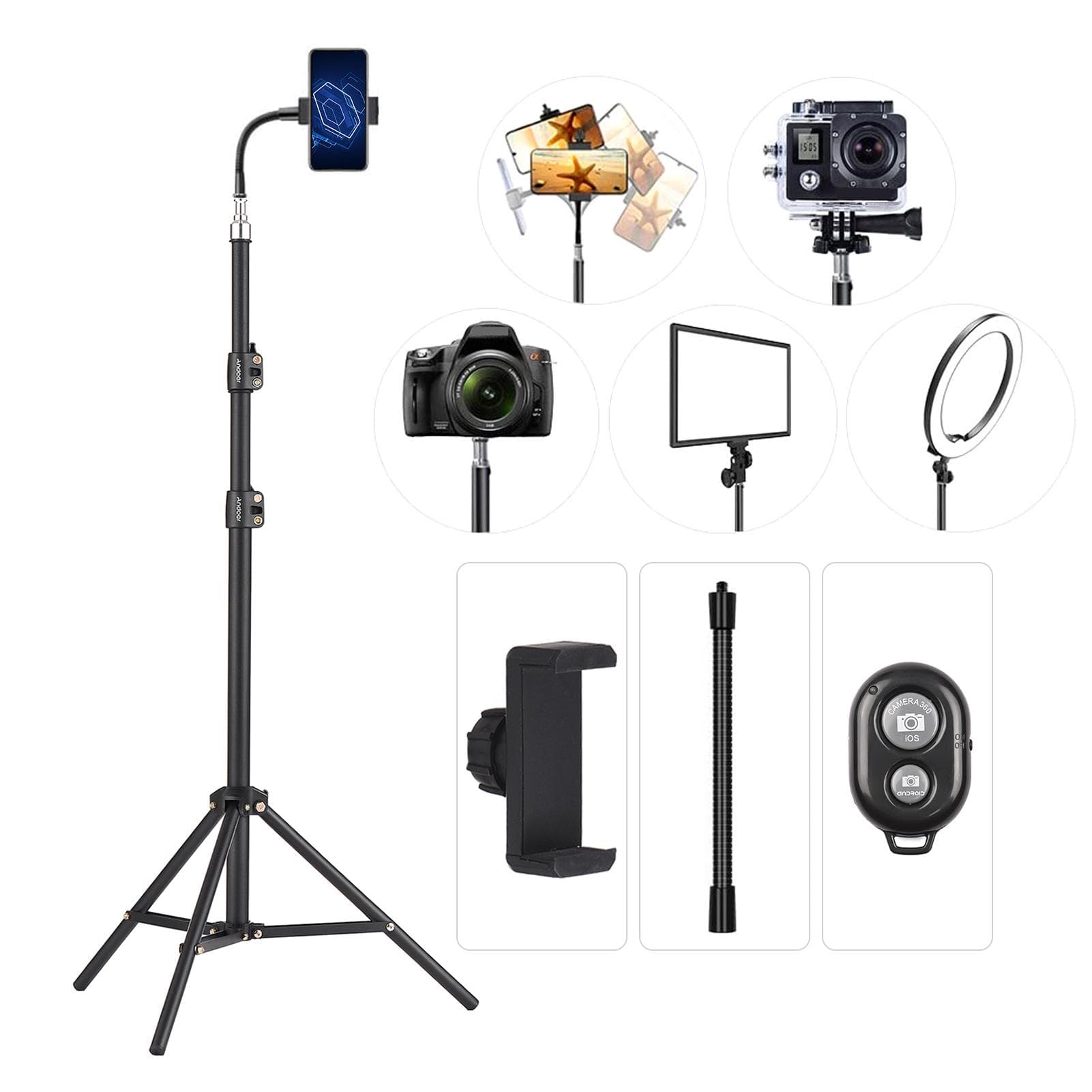 Andoer 210cm/83in Portable Metal Light Stand Heavy Duty Adjustable Photography Tripod Stand 1/4 black