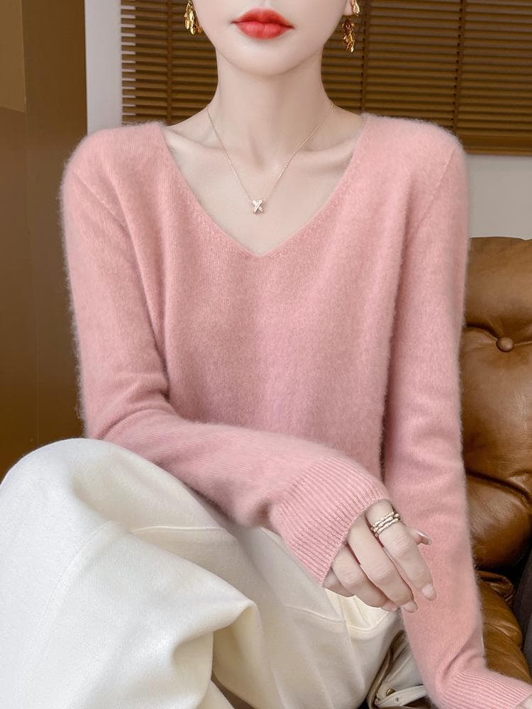 Women's 100% Pure Wool Loose Knitted Pullover Sweater for Autumn/Winter V-neck, XXL