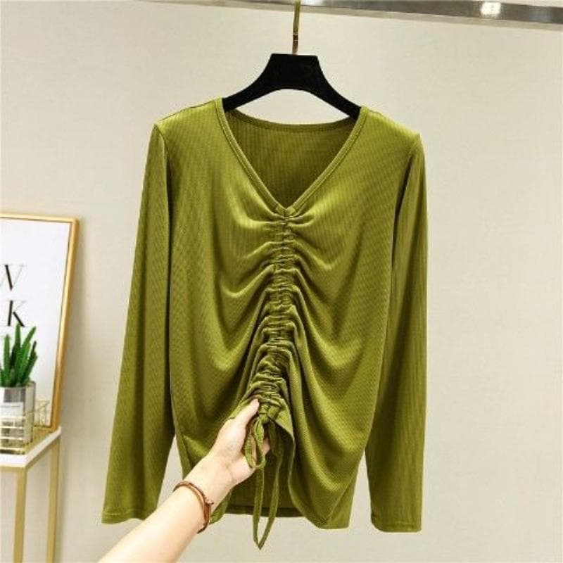 Spring and Autumn Modal Long-sleeved T-shirt Women's Thin Large Size Drawcord Top Versatile V-neck Bottom Shirt Black 4XL green