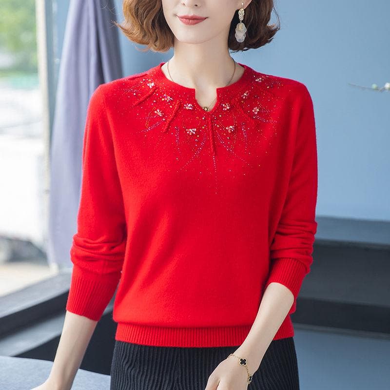 Cashmere Knitted Sweater Embroidered with Diamonds, Women's Loose Oversized Base Sweater 3XL
