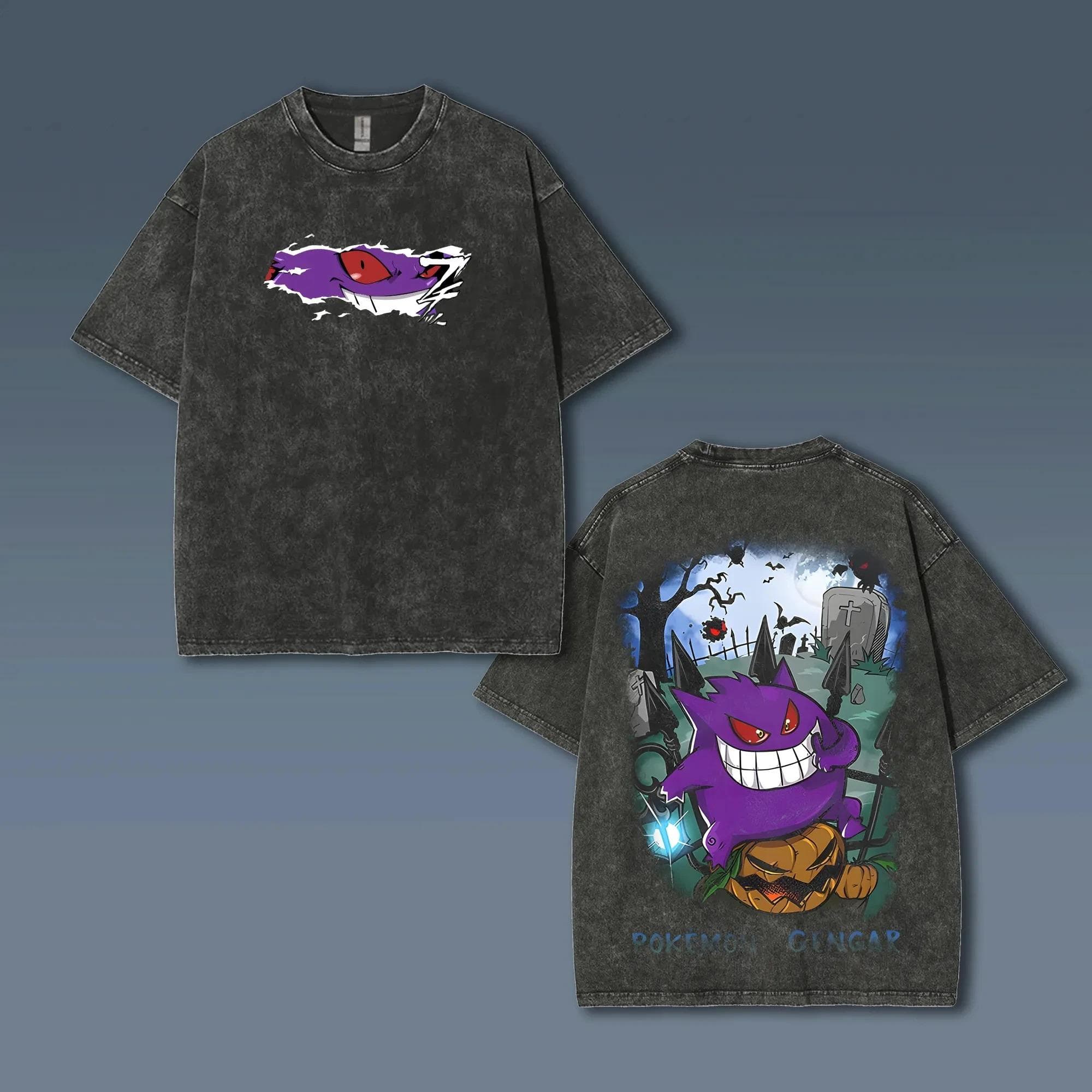 Pokémon Animation Derivatives Gengar Printing Retro Washed Short-sleeved T-shirt Men's and Women's 2026 Summer Fashion Clothing XXXL green