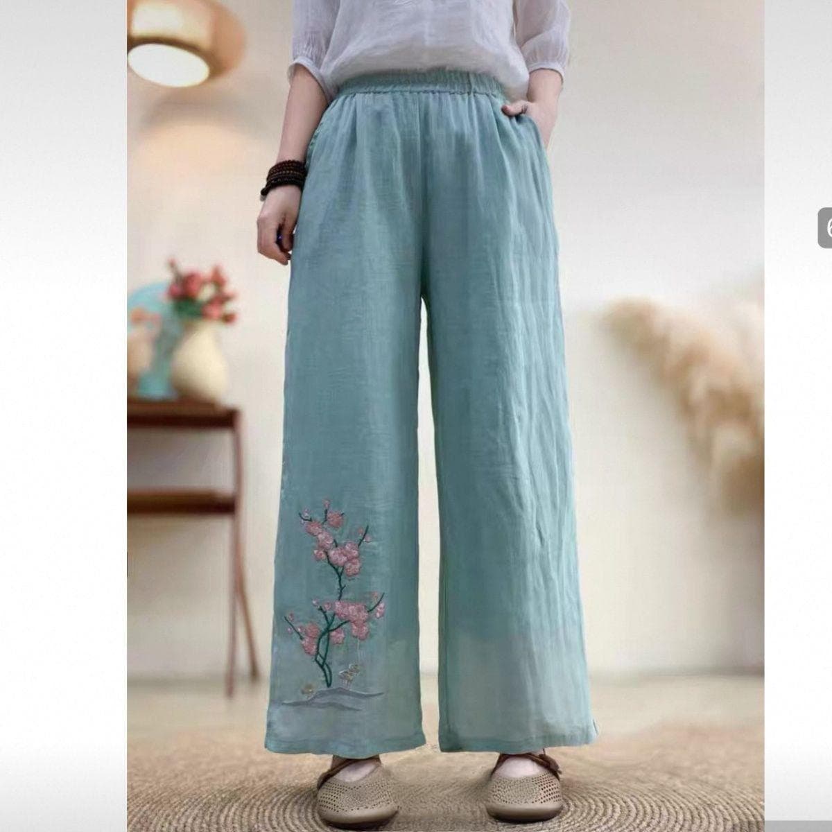 Summer National Style New Chinese Trousers Women's Elastic Embroidered Ethnic Style Embroidered Casual Trousers Retro Loose Wide-leg Trousers 6XL light blue