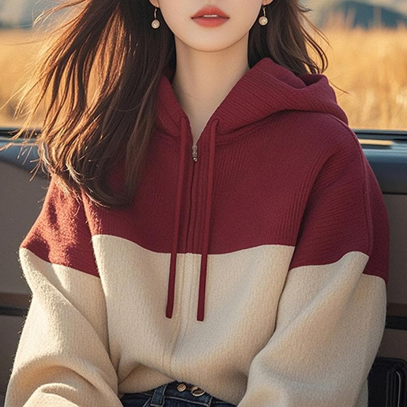 New Winter Korean Style Loose Shoulder Contrast Hooded Sweatshirt Women's Casual Top XL
