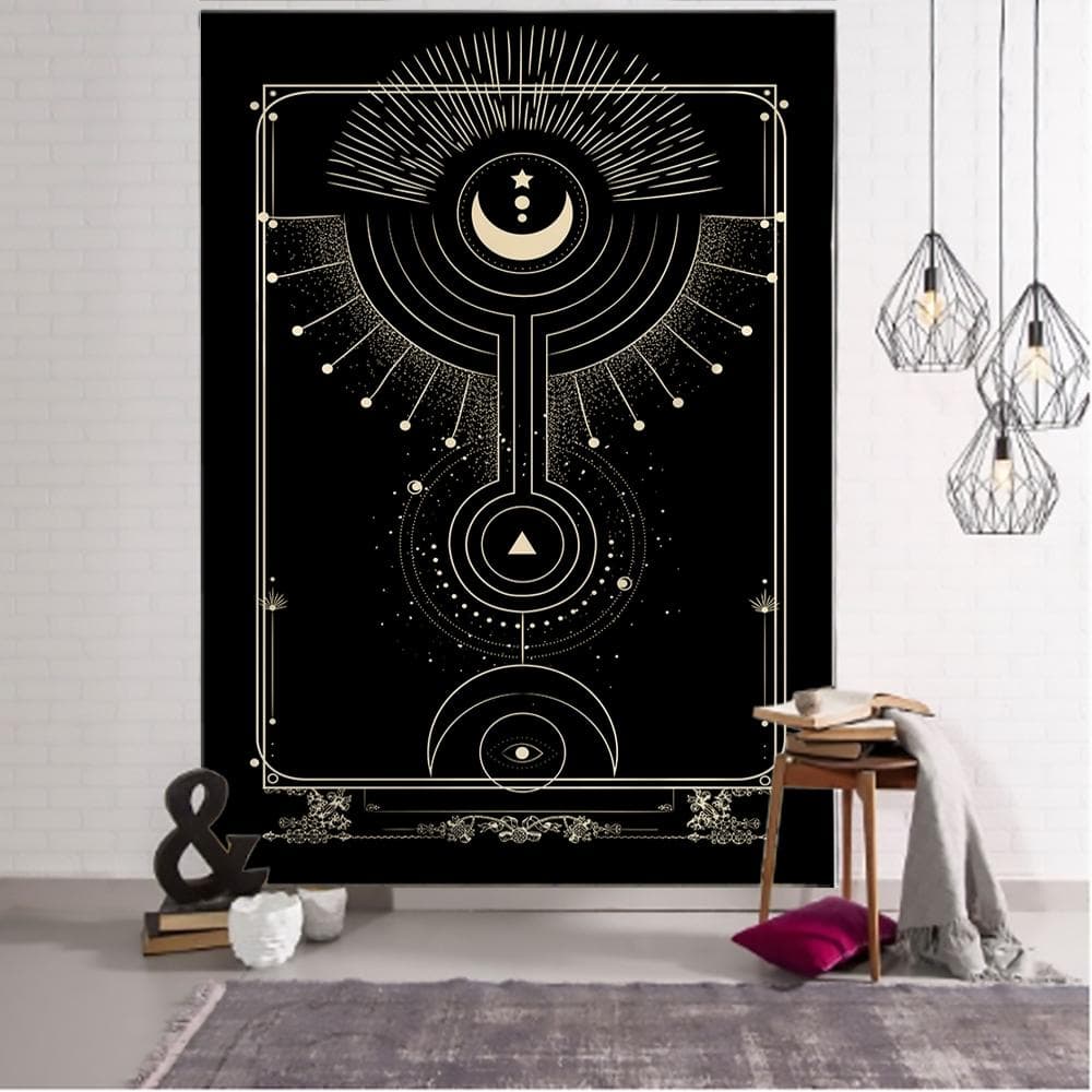 Witchcraft Tarot Tapestry Wall Hanging Black Khaki Sun Moon Starry Universe Geometric Pattern Dormitory Home Decoration Curtains 95x70CM