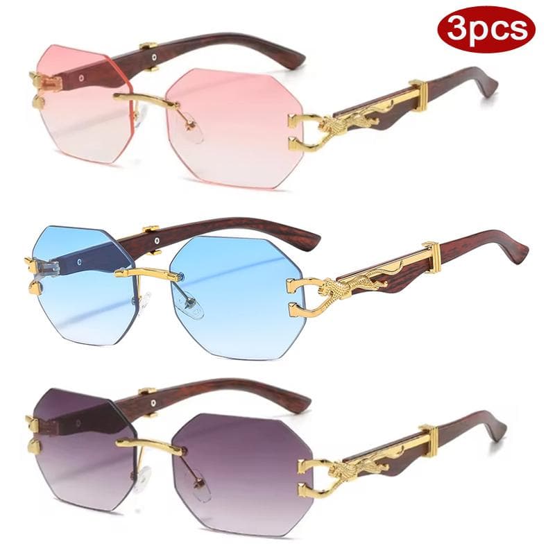 Frameless Polygonal Sunglasses 3pcs UV400 Protective Glasses Multi Color Metal Frame Leopard Design Eyewear