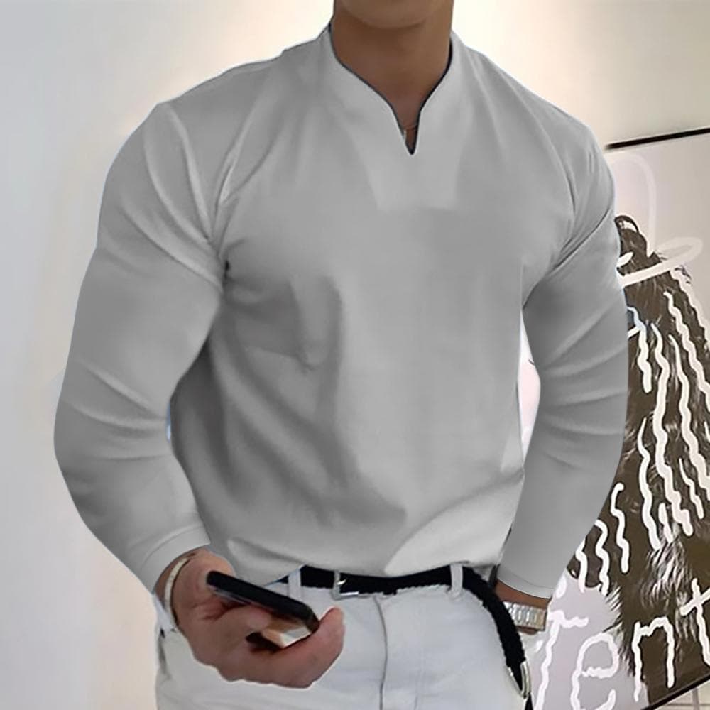 Order A Size Up,Men's Clothes Spring Autumn V-neck Loose Fit Long Sleeve T-shirts Solid Color Tops Casual Tees Shirts Mens Shirts XXL light gray