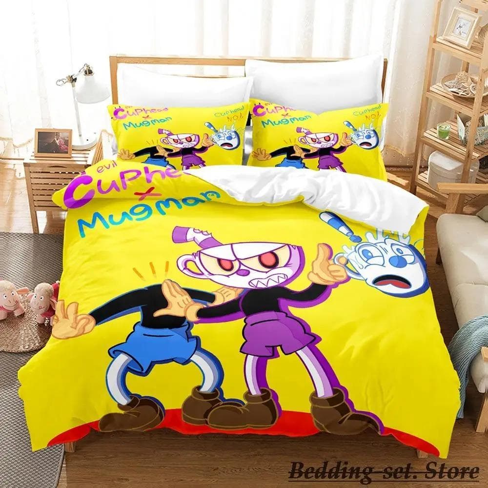 Game Cuphead Mugman Bedding Set Cartoon Anime three-piece set Adult Kid Bedroom Duvetcover Sets 3D Kawaii cama de casal US Twin 173x218cm