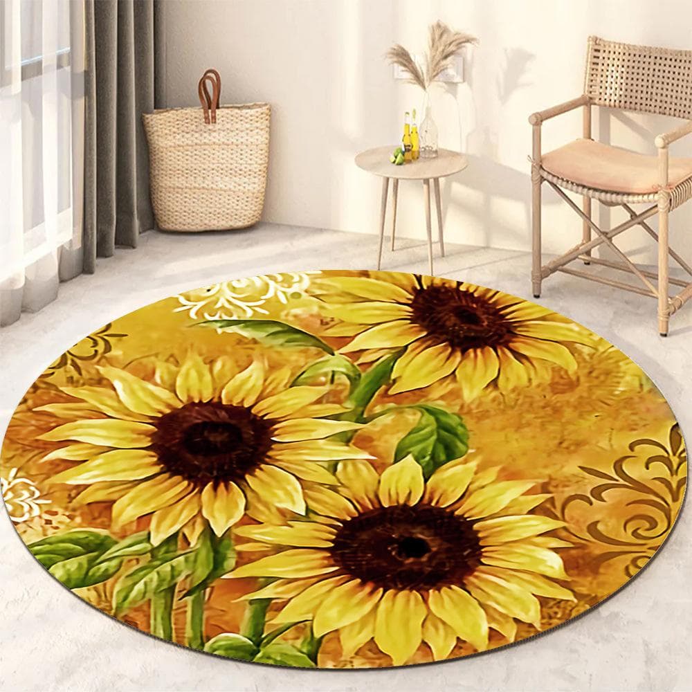 Sunflower Round Rug Living Room Bedroom Modern Floral Rug Floor Mat Chair Home Decoration diameter 80cm