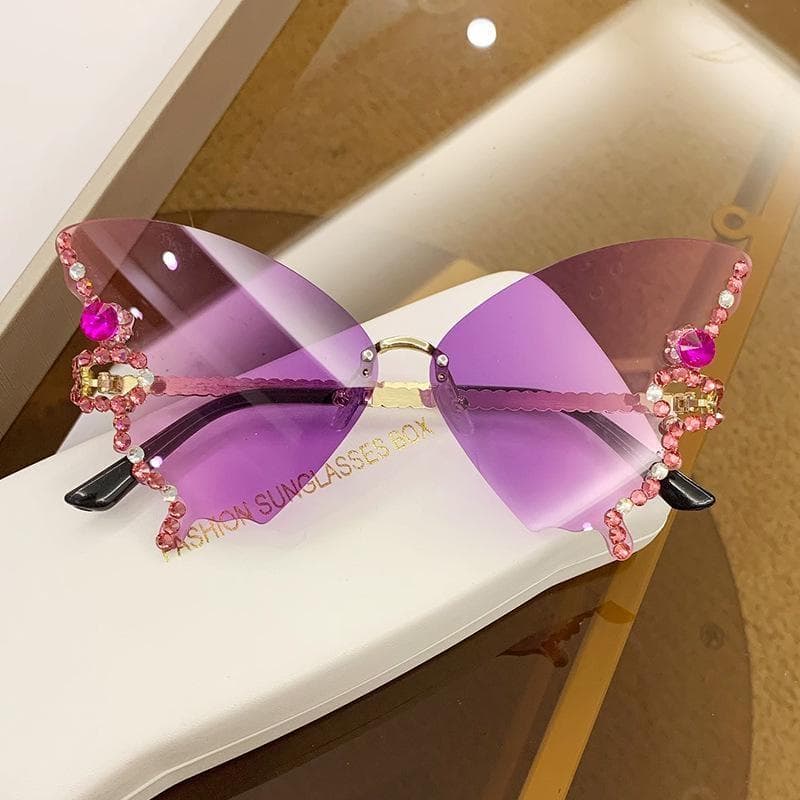 Diamond Butterfly Sunglasses Women Vintage Rimless Oversized Cat Eye Gradient Sun Glasses Ladies Eyewear purple