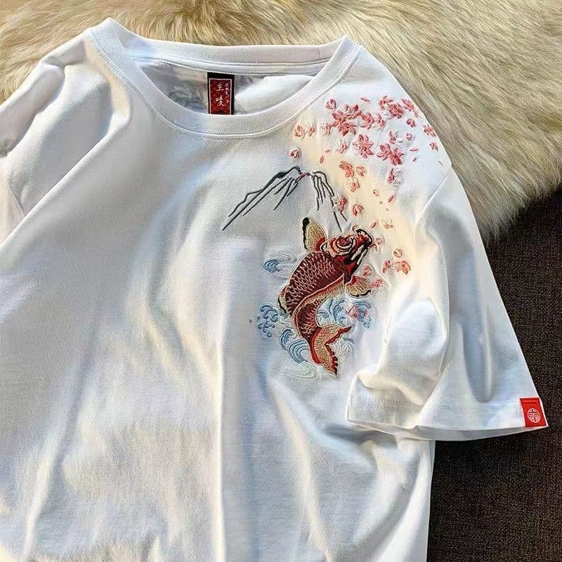 Spring and summer national tide Chinese style embroidery carp cotton short-sleeved T-shirt loose men and women couple large size-300 catties L white