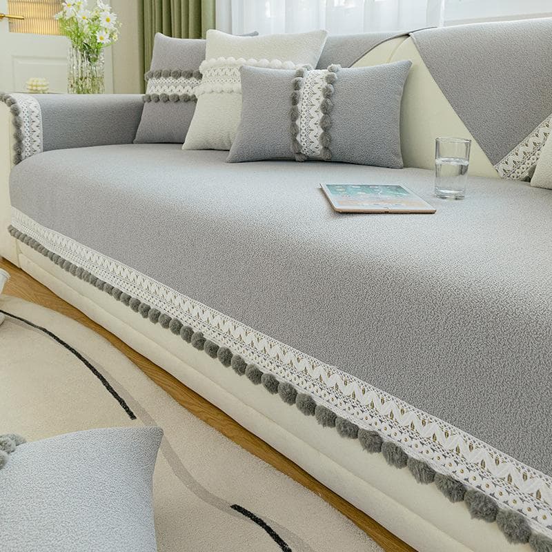 Living Room Sofa Cover Fluffy Ball Edging Non-Slip Cushion Cover Mat Soft All-Inclusive Universal Couch Cover Towel White Lace 70x70cm 1pcs