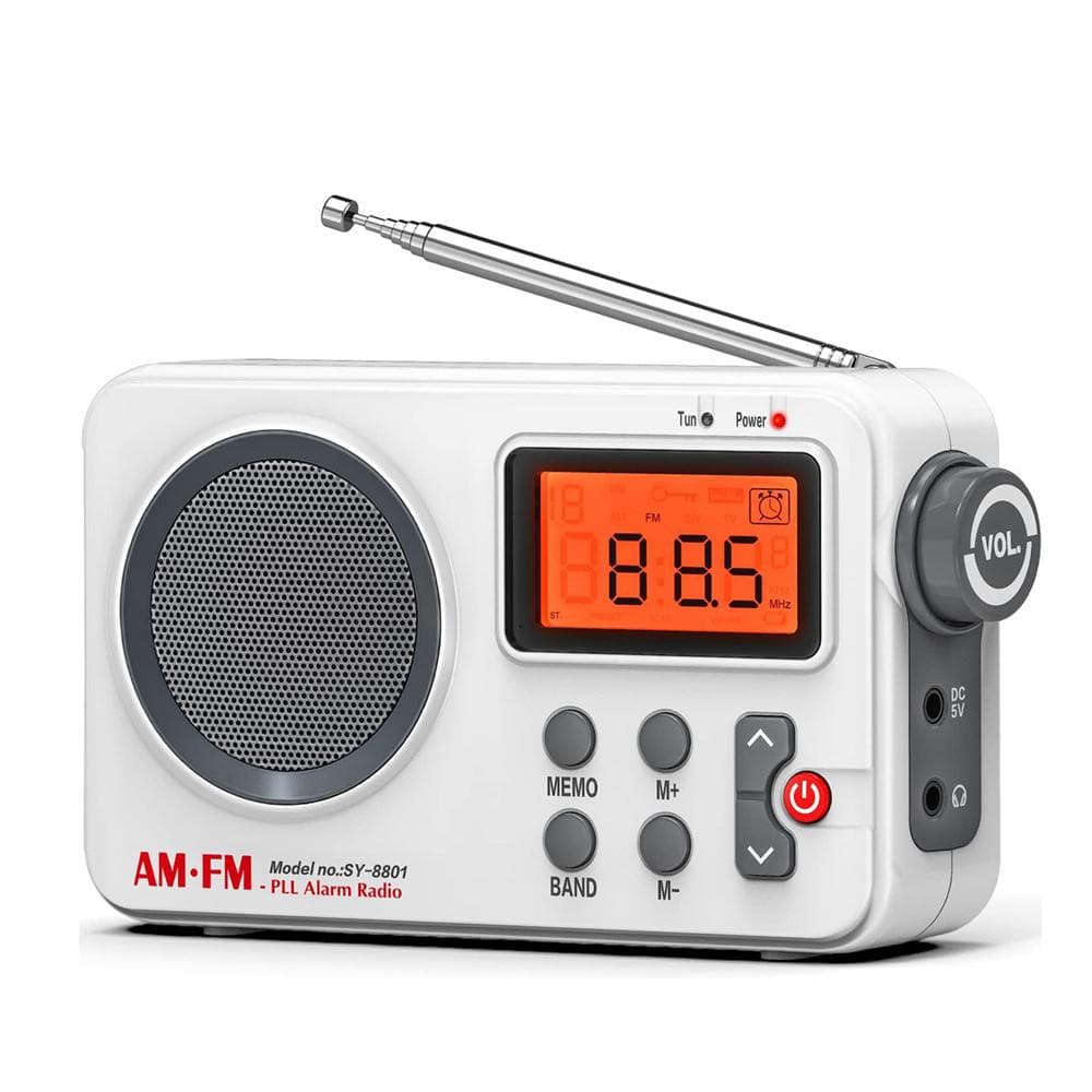 Portable AM/FM Radio LCD Display Stereo Radio Support Battery and USB Powered with Alarm Clock white