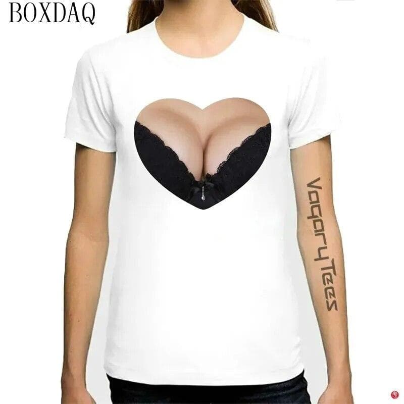 Women Summer Cool T-Shirts Sexy Perspective 3D boobs Print Short Sleeve Ladies T Shirt Summer O-Neck Breast Pattern Street Tops 5XL
