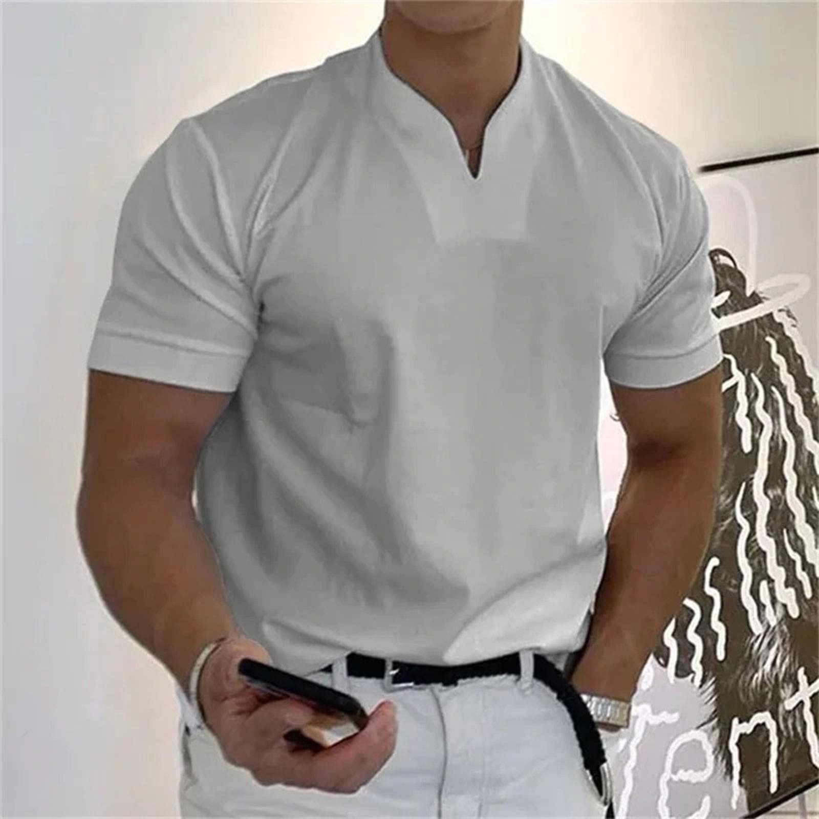 Men's Casual Solid Color V-Neck Gentleman's Business Short Sleeve Fitness T-Shirt XXXXL
