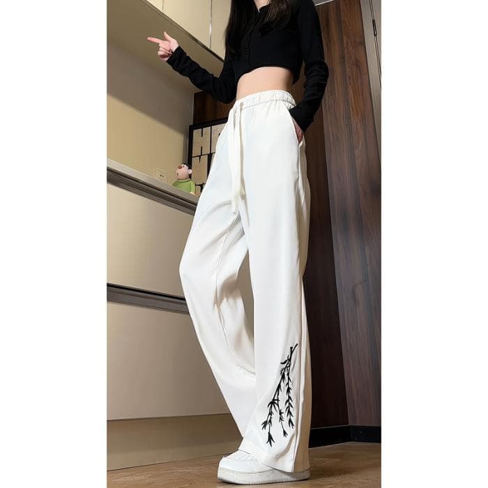 New Chinese Style Chinese Style Embroidered Ice Silk Pants for Women In Spring and Autumn, Thin Style, Slim and Drooping, Casual Wide-leg Versatile 2XL