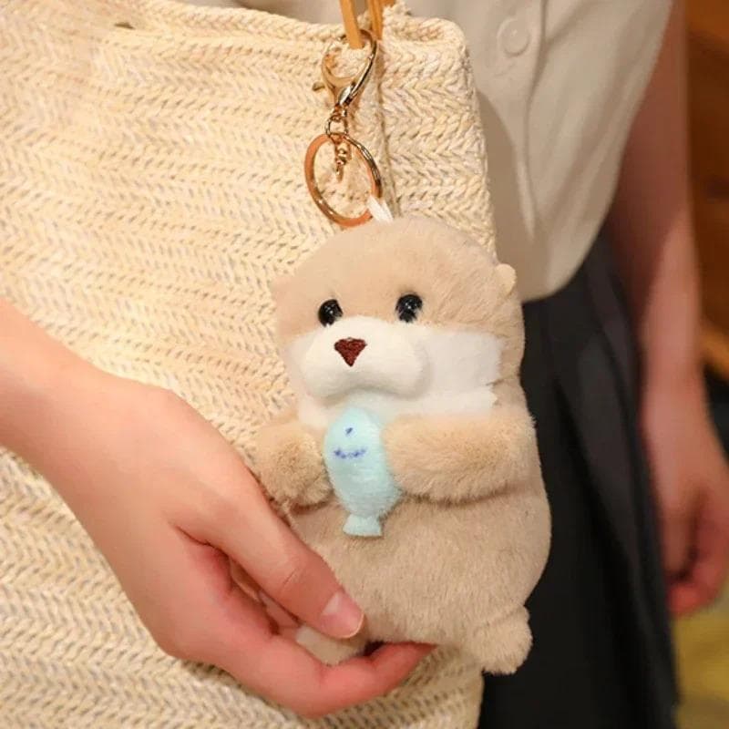 Cute Otters Holding Fish Plush Doll Keyring for School Bag Wallet Keys Lightweight Hanging Props brown