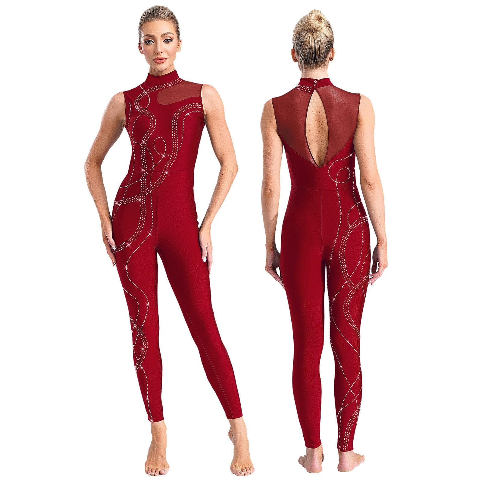 Womens Shiny Rhinestones Gymnastics Figure Skating Ballet Dance Unitards Tight Fitting Jumpsuit Performance Bodysuit Costume S burgundy