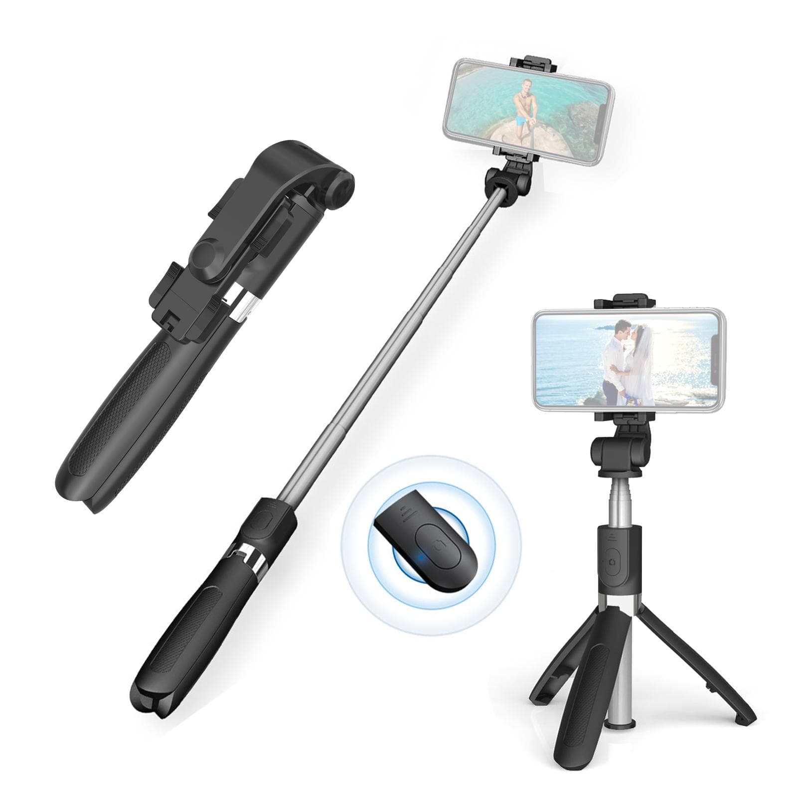 27.5in 3-in-1 Selfie Stick Desktop Tripod Gimbal Stabilizer with 6-Section Telescoping Rod with black