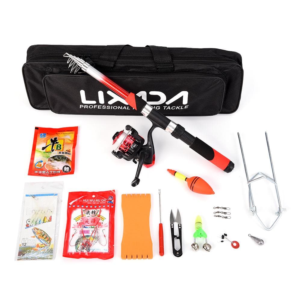 Lixada Fishing Tackle Set with 2.1m Telescopic Fiberglass Fishing Sea Rod Spinning Fishing Reel red