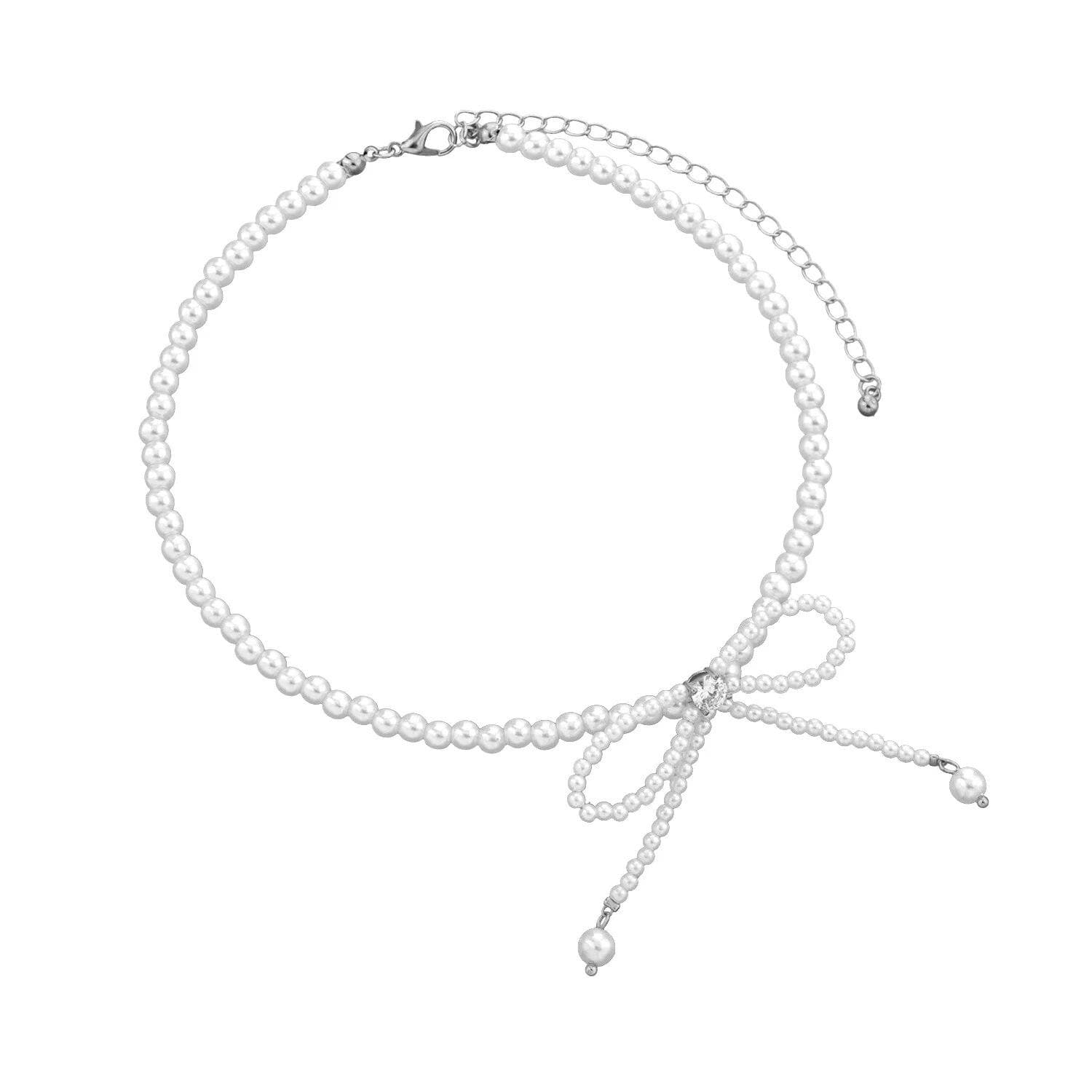 Elegant Zircon Bowknot Necklaces for Women Imitation Pearl Bow Choker Necklaces Exquisite Bowknot Tassel Pendant Necklace silver
