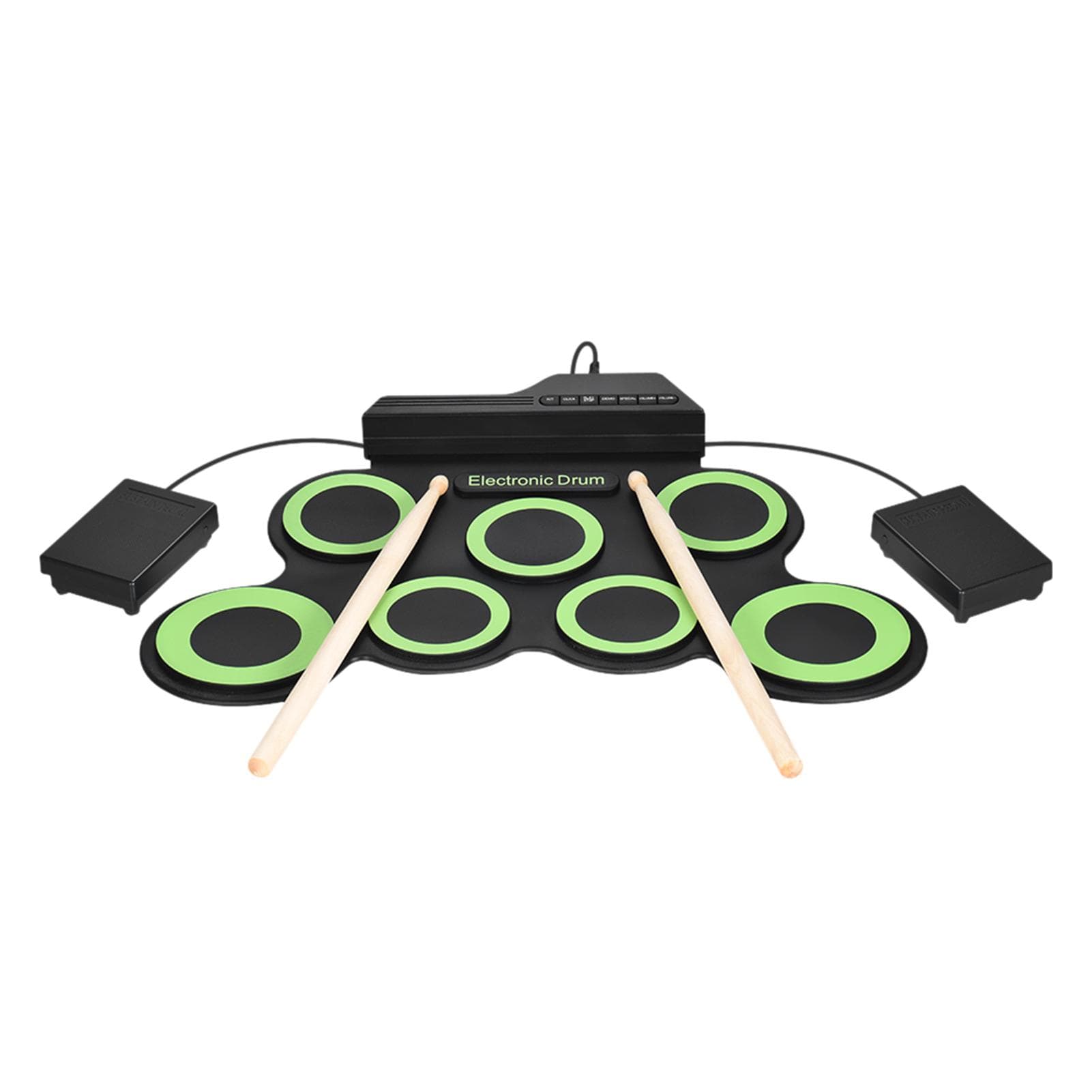 Compact Size Portable Digital Electronic Roll Up Drum Set Kit 7 Silicon Drum Pads USB Powered with green