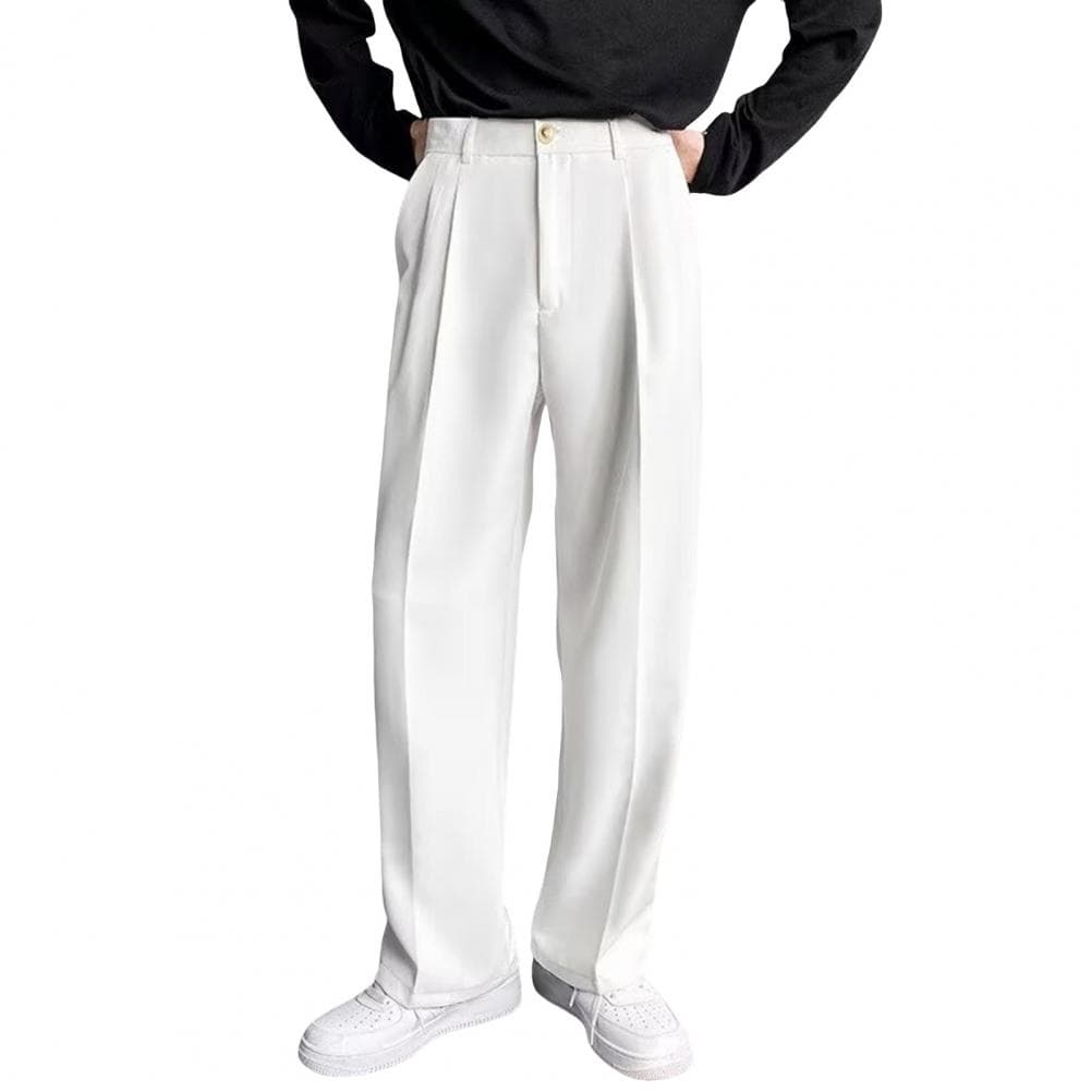 Men Suit Pants Wide Leg Loose Straight-Leg Formal Business Style Side Pockets Button Zipper Closure Solid Color Work Office Trou M white