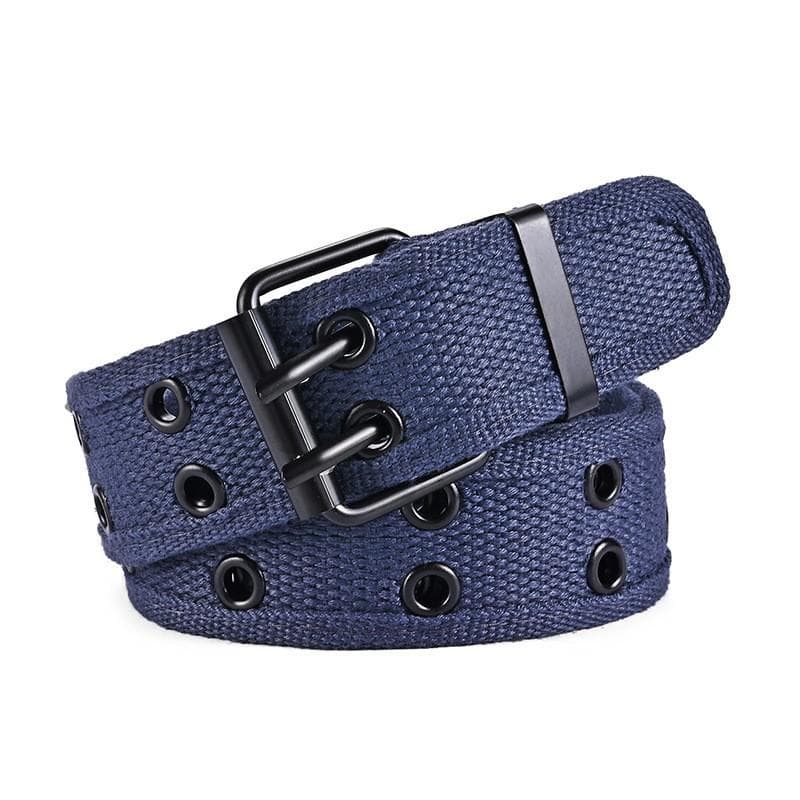 New Men's Double Row Needle Buckle Woven Belt Women's Belt Leisure Sports Outdoor Work Belt with Cargo Pants Jeans Belt 110cm navy blue