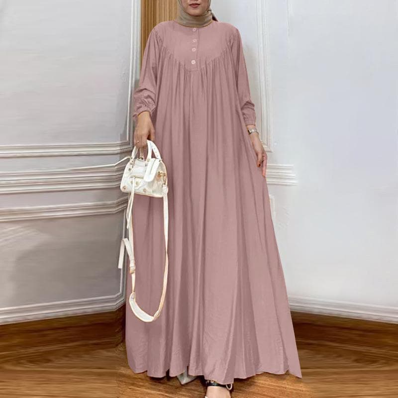 ZANZEA Women Casual Long Sleeve O-neck Solid Color Loose Maxi Dress 4XL pink