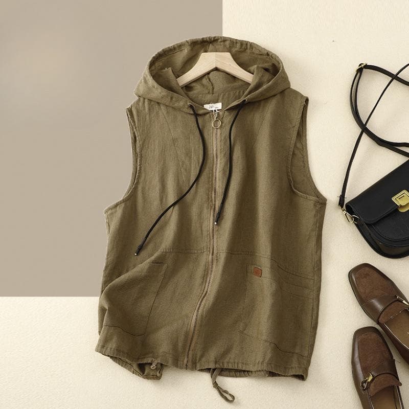 Spring Art Retro Hooded Cotton Linen Casual Loose Sleeveless Vest Short Jacket for Women Vests & Waistcoats Women’s 2XL coffee