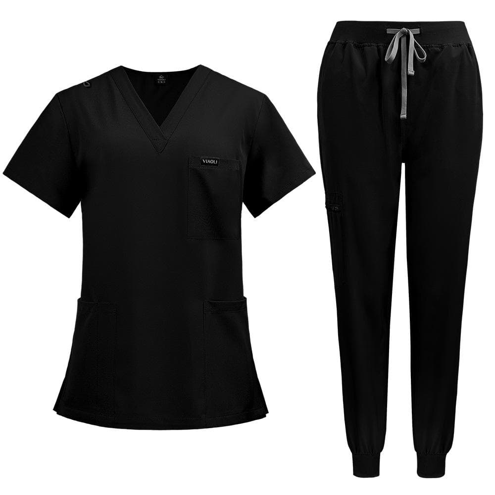 Scrubs for Women Set Jogger Pants Henley Two Piece Tops and Pants V Neck Stretchy Nurse Working Uniform with Pocket M black