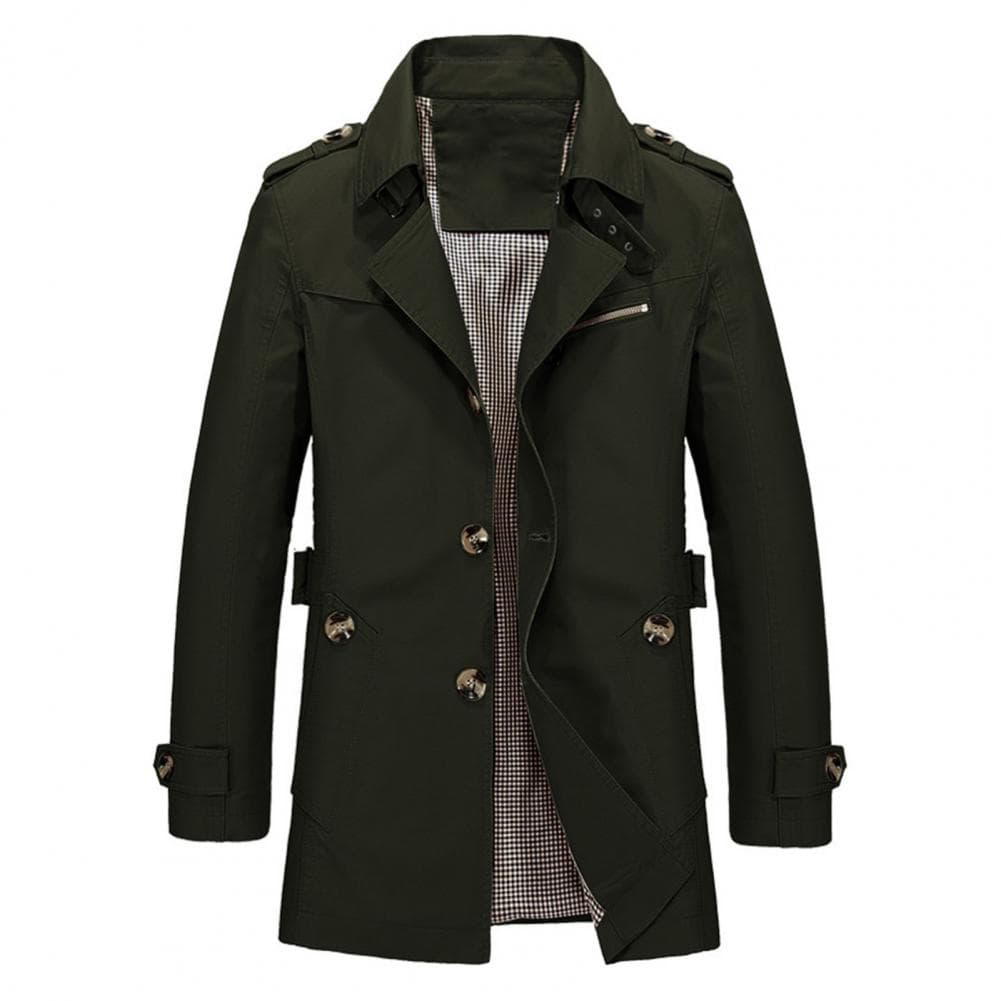Men Retro Jacket Lapel Long Sleeve Single Breasted Business-Style Outwear Solid Color Pockets Windproof Jacket M army green
