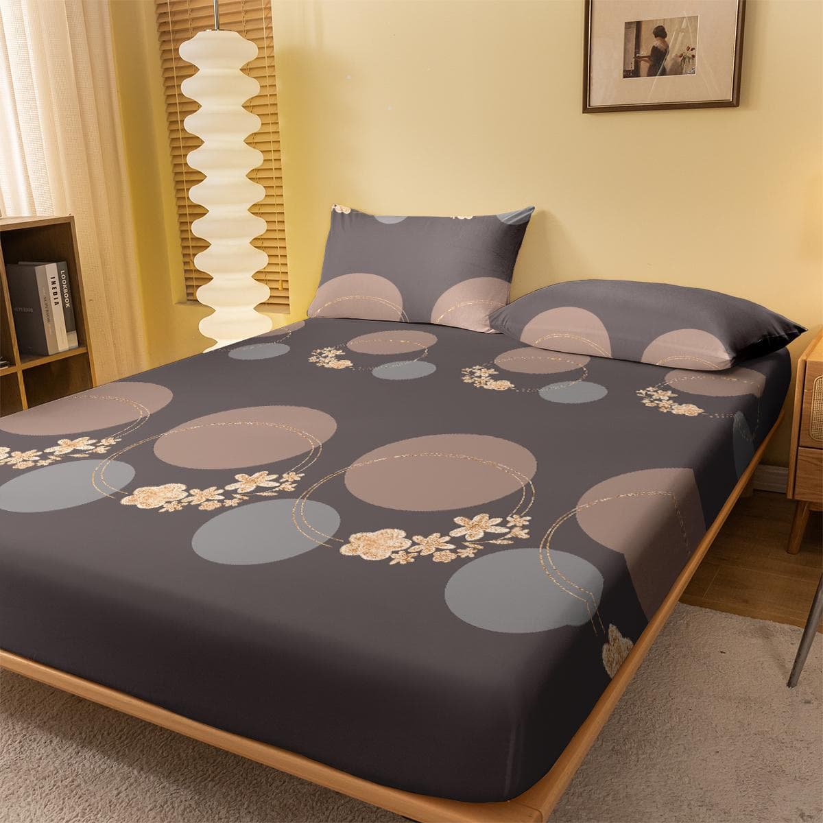 1 Simple Modern Circular Geometry Printed Matte Fitted Sheet, Bedroom Printed Bed Cover,Bedding(Excluding Pillowcases) 100x200cm