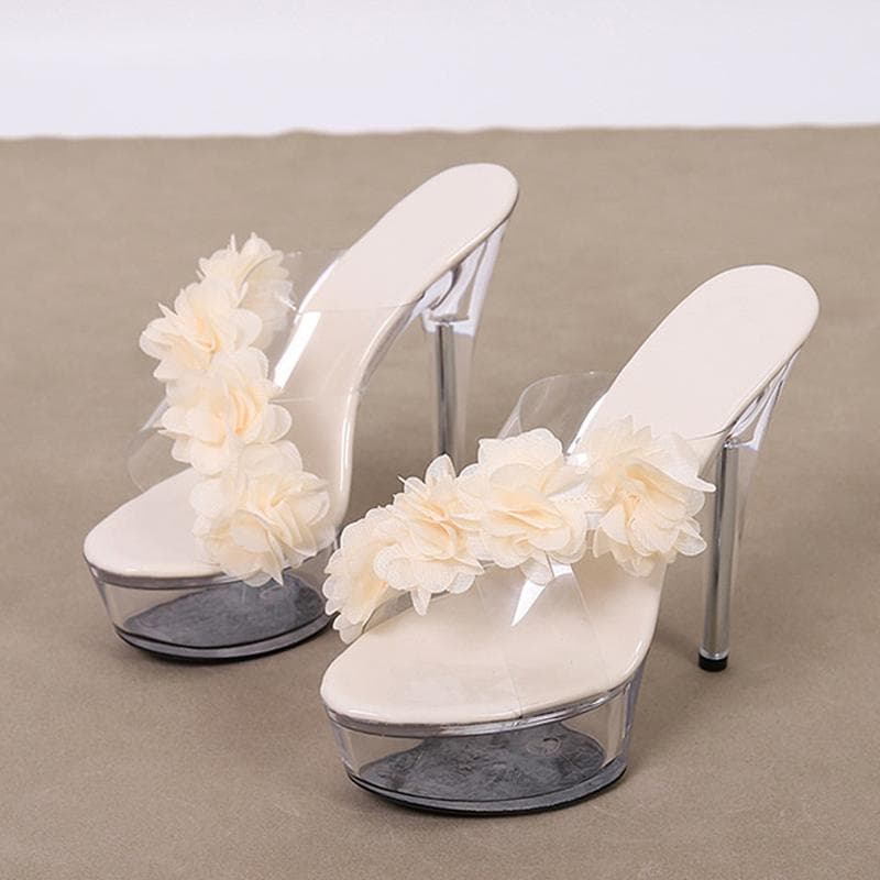 Liyke  New Fashion Pink Flowers PVC Transparent Shoes For Women Super High Heels Platform Slipper Sexy Peep Toe Clear Sandal 35 apricot