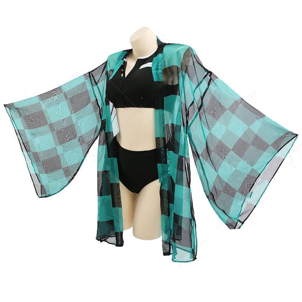 Haikyuu Agatsuma Tanjirou Kochou Shinobu Splitted Swimsuit Swimwear Bathing Suit with Strapped Butterfly-Printed Yarn Coat M green