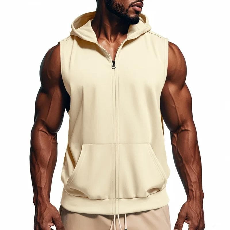 Men's Summer Hooded Zipper Vest Casual Fitness Tank Top Trendy Open Cardigan Sports Vests XXXL apricot