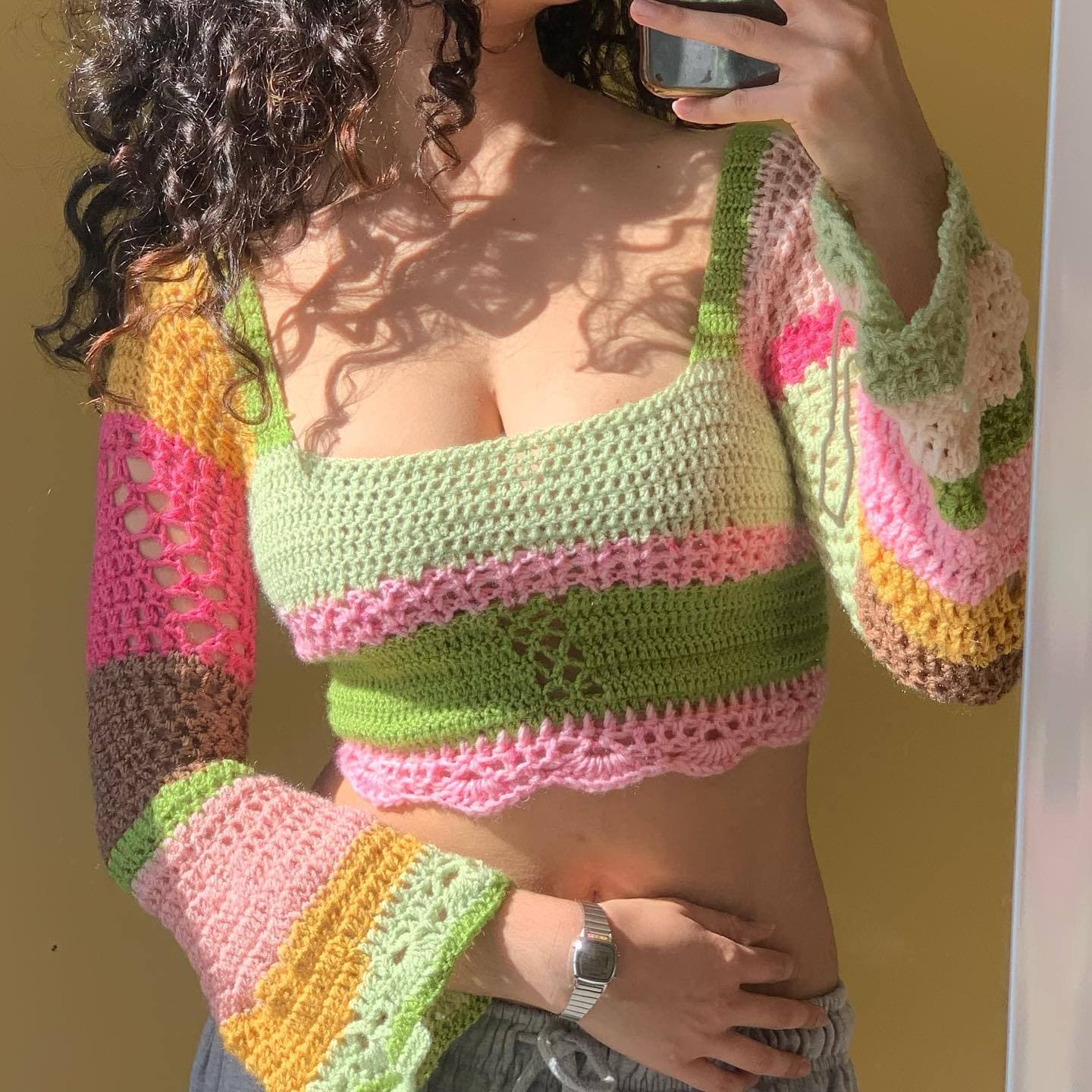 Women's Knitted Sweater New Square Neck Color Striped Color Matching Handmade Crochet Long-sleeved Top XL