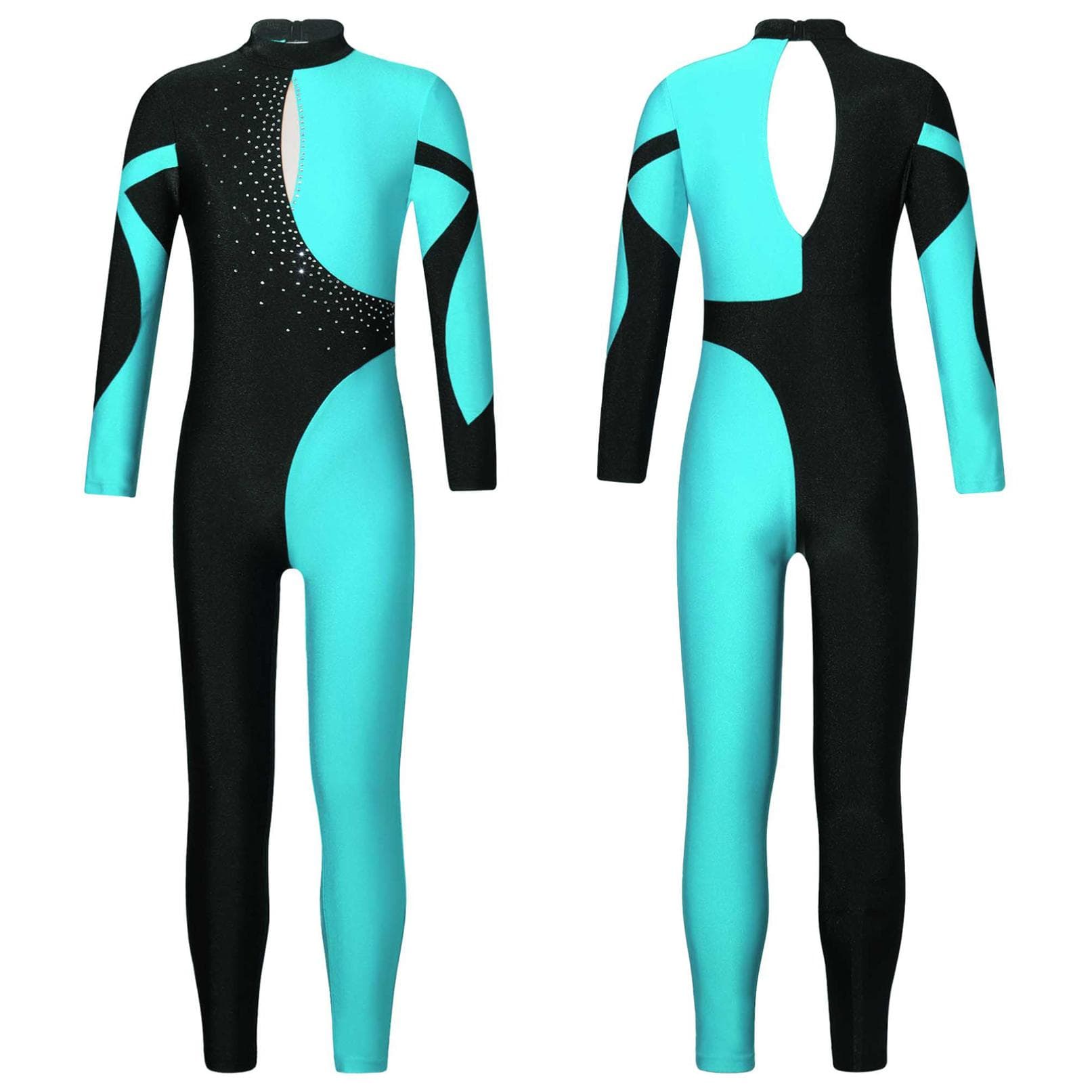 Gymnastics Jumpsuits Kids Shiny Rhinestone Ice Skating Bodysuit Girls Long Sleeve Ballet Dance Full Body Leotards Unitards 7-8 Years blue-green