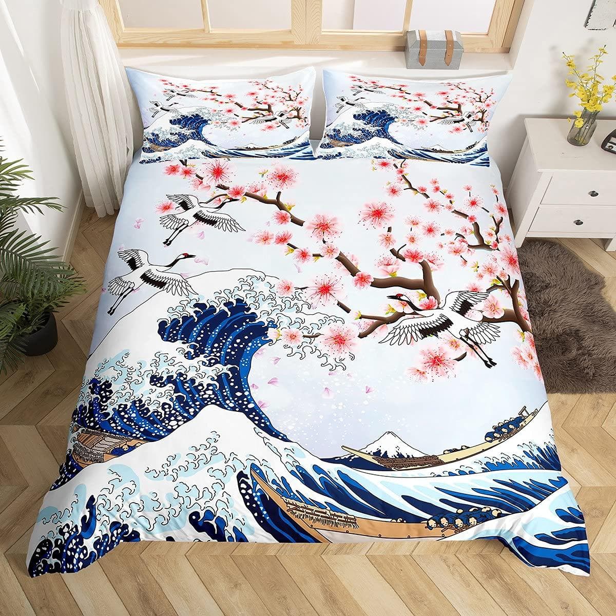 Crane Bedding Set Girl Cherry Blooming Fuji Mountain Sun Duvet Cover Kids Women Lotus Floral Comforter Cover Watercolor Decor EU single(135x200cm)