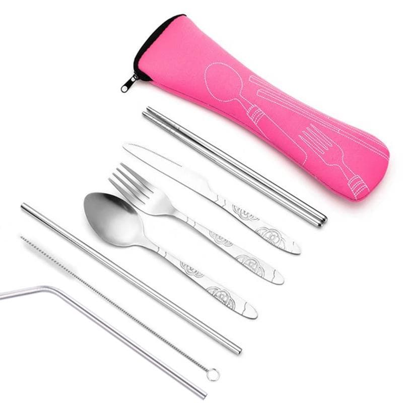 3pcs/7pcs Set Dinnerware Portable Printed Stainless Steel Spoon Fork Steak Knife Travel Cutlery Tableware with Bag 7pcs-pink